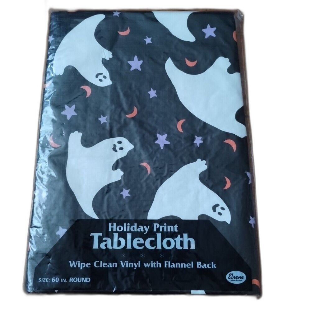 Elrene Halloween Ghost Print Vinyl Tablecloth Black 60" Round NEW